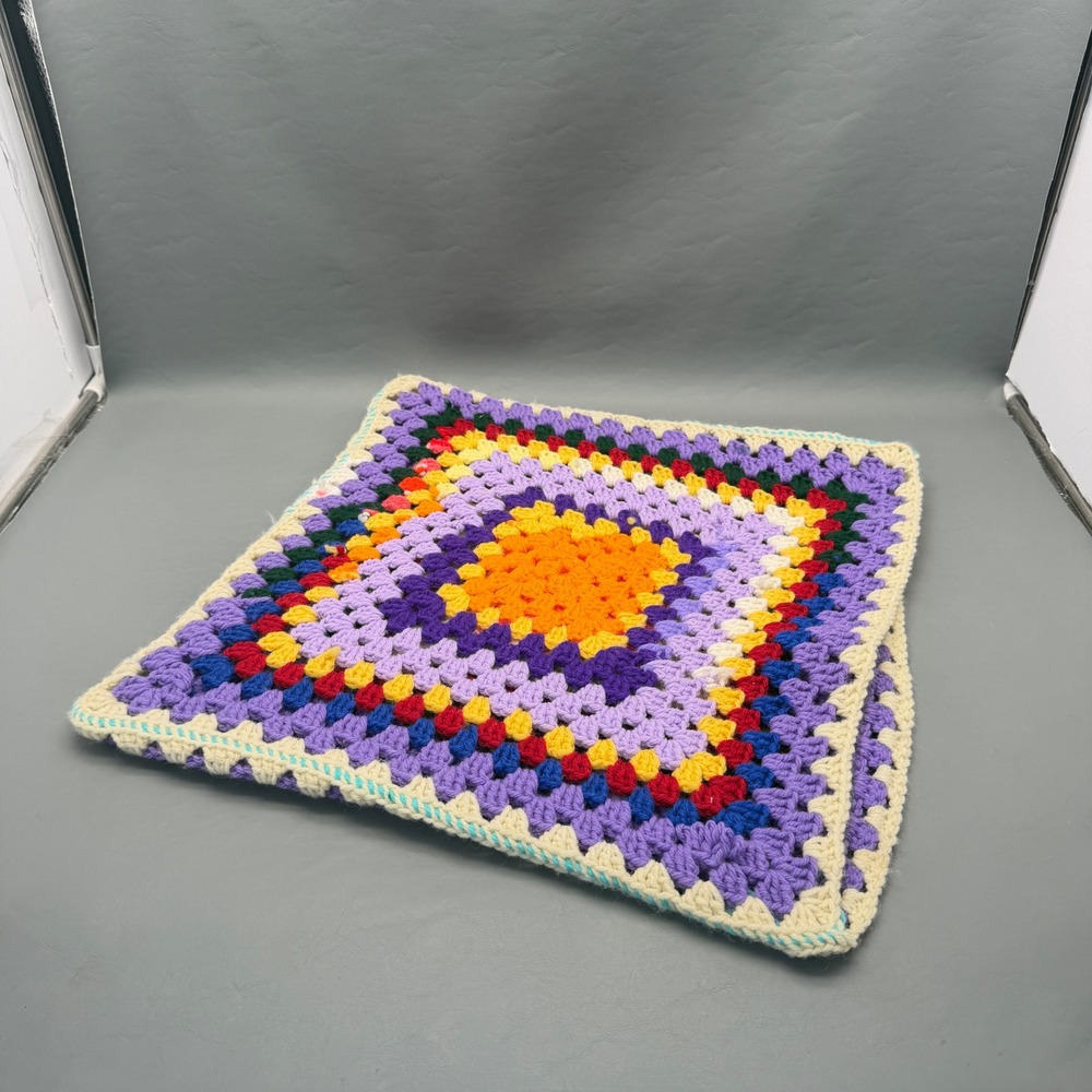 Handmade Crochet Granny Square Pillow Cover 17x17 Multi Color Yarn Accent